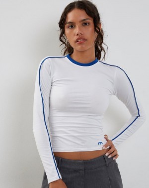 Motel Rocks Bonija Long Sleeve Women's T Shirts White Deep Blue | NGT8152DA