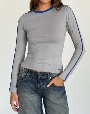 Motel Rocks Bonija Long Sleeve Women's T Shirts Grey Deep Blue | ZPS3122XE