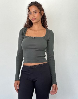 Motel Rocks Bovita Long Sleeve Ribbed Women's T Shirts Green Grey | RZO6265LI