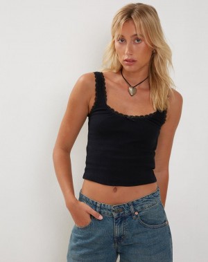 Motel Rocks Carillo Lace Trim Top Women's Vest Black | TWW6995WC