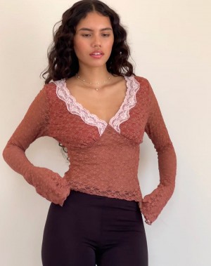 Motel Rocks Chantal Long Sleeve Lace Women's Blouse Orange Rose | QAD6835CR