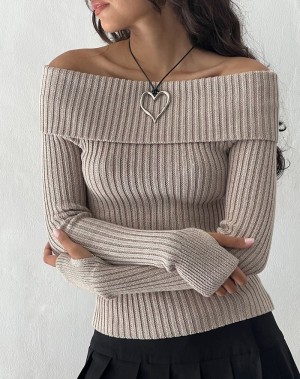 Motel Rocks Circe Off-shoulder Long Sleeve Knit Top Women's Jumpers Beige | BXX113XZ