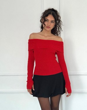 Motel Rocks Circe Off-shoulder Long Sleeve Knit Top Women's Jumpers Red | KJY3755MT