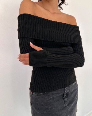 Motel Rocks Circe Off-shoulder Long Sleeve Knit Top Women's Jumpers Black | ZQI5572AV