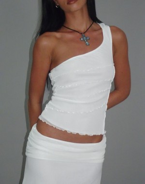 Motel Rocks Cochise Seam Detail One Shoulder Mesh Women's Vest White | TLO341IT