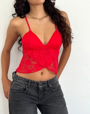 Motel Rocks Cojira Lace Butterfly Women's Vest Red Rose | ASJ963UL