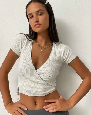 Motel Rocks Delilah Wrap Women's Cropped Tops White | YNU5531LY