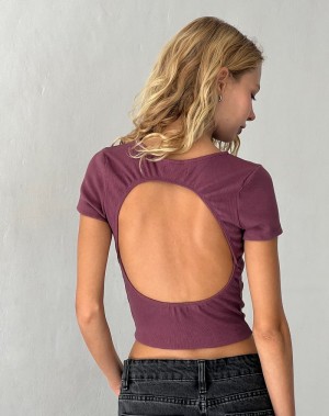 Motel Rocks Elyto Ribbed Open Back Tee Women's T Shirts Purple | GRV4210KY