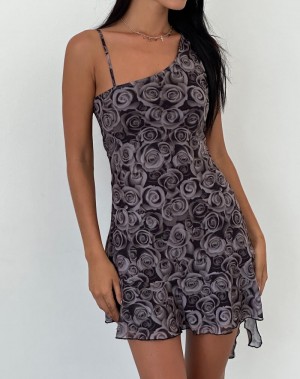 Motel Rocks Joanna Asymmetric Women's Mini Dress Black Rose | FOH10080BG