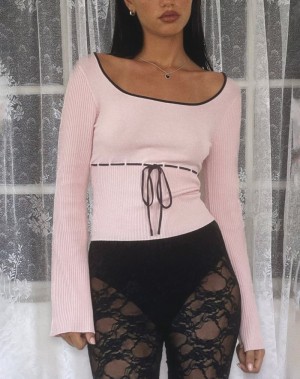 Motel Rocks Juhye Knitted Long Sleeve Women's T Shirts Pink Black | XWS4228AU