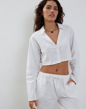 Motel Rocks Lyse Super Cropped Shirt Women's Cropped Tops White | RVY581FA