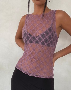 Motel Rocks Maloe Lace Patterned Women's Tank Top Purple | CJS287CQ