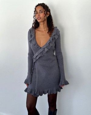 Motel Rocks Marianna Long Sleeve Knitted Women's Mini Dress Dark Grey | KCW7021KZ