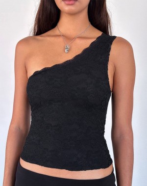 Motel Rocks Moira One Shoulder Lace Women's Vest Black | ESY8991WK