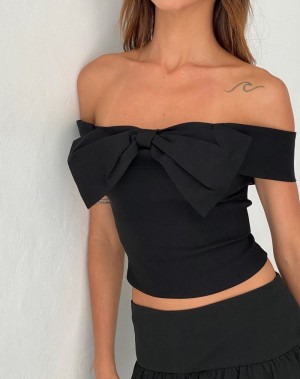 Motel Rocks Naras Bow Front Bardot Women's Cropped Tops Black | WRV6535IA