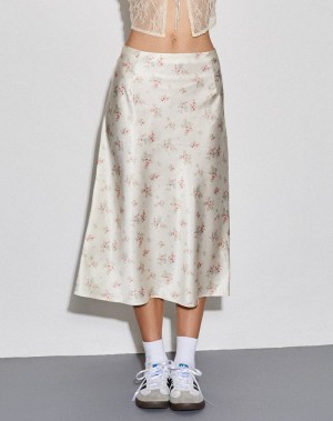 Motel Rocks Piya Midi Women's Skirts White Rose | BZA847GX