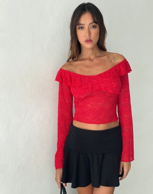 Motel Rocks Soka Bardot Frill Women's Cropped Tops Red | AYG9890OQ