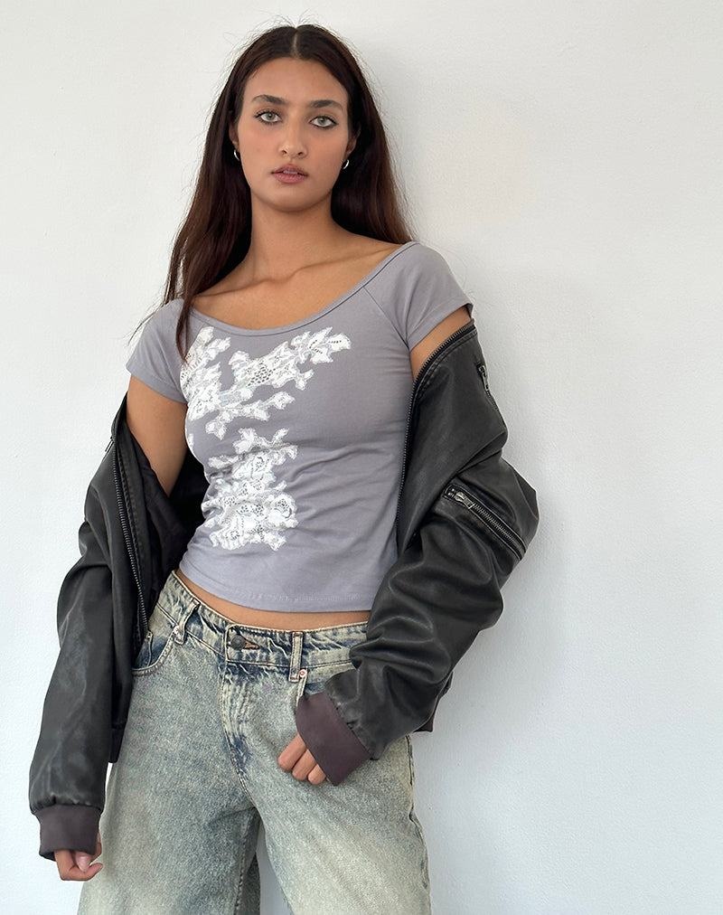 Motel Rocks Charya Off The Shoulder Women's T Shirts Grey White | ZBI9249AY