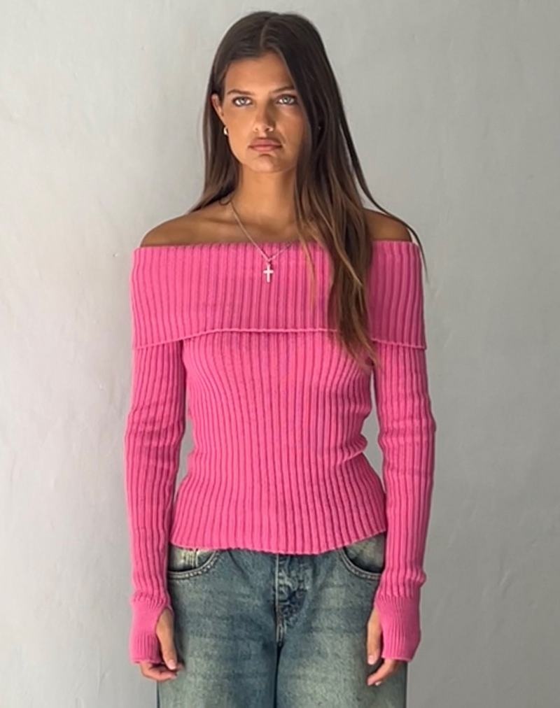 Motel Rocks Circe Off-shoulder Long Sleeve Knit Top Women's Jumpers Pink | LDK2084WN