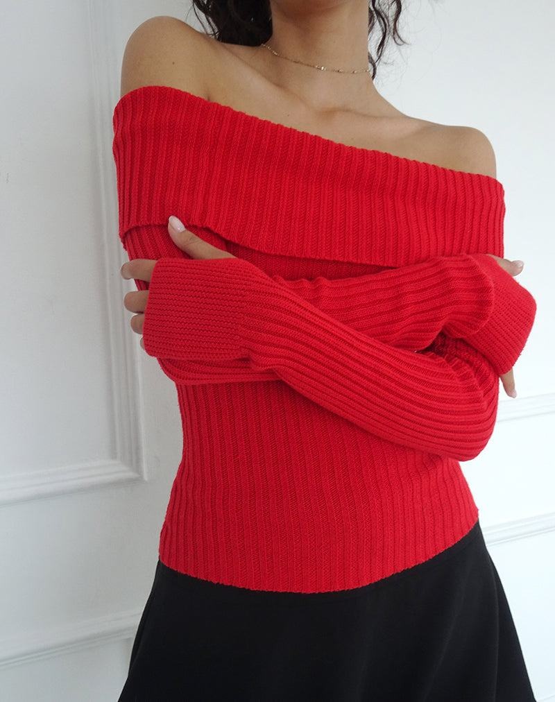 Motel Rocks Circe Off-shoulder Long Sleeve Knit Top Women's Jumpers Red | KJY3755MT