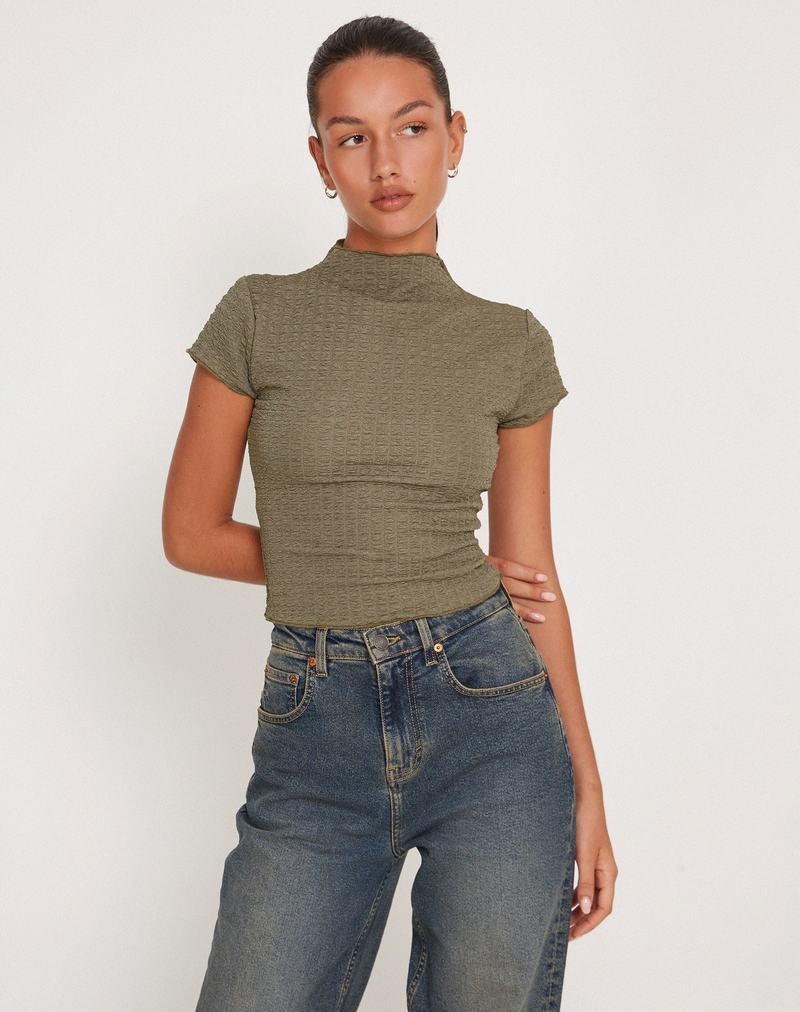 Motel Rocks Elton High Neck Women's T Shirts Khaki | SZK8579BT