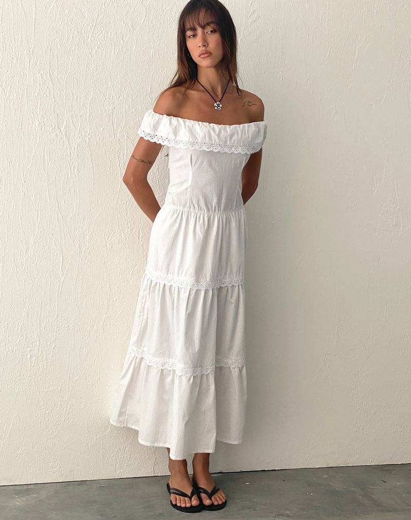 Motel Rocks Helpa Tiered Bardot Women\'s Maxi Dress White | JIT7223JE