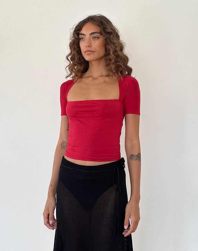 Motel Rocks Requa Short Sleeve Square Neck Women's Cropped Tops Red | XRI288YN