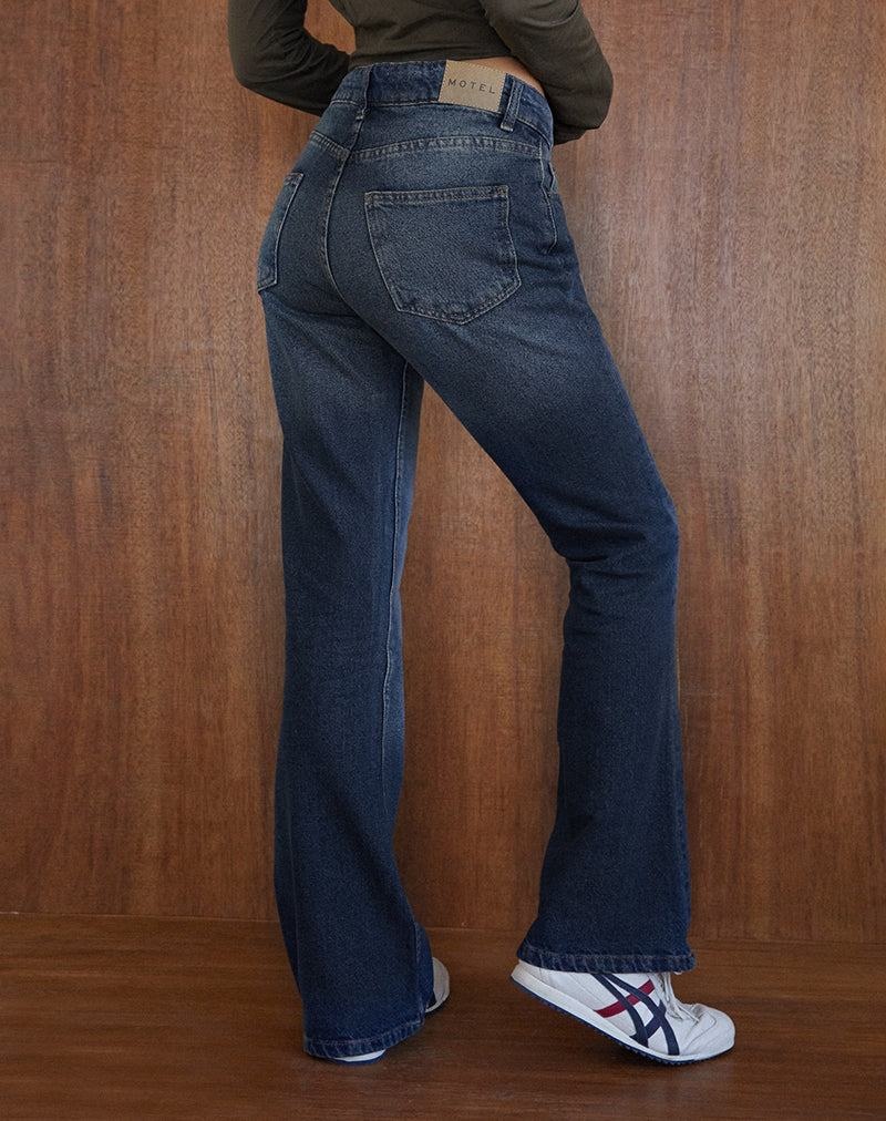 Motel Rocks Rigid Low Rise Flare Women's Jeans Dark Blue | FBS4263YK