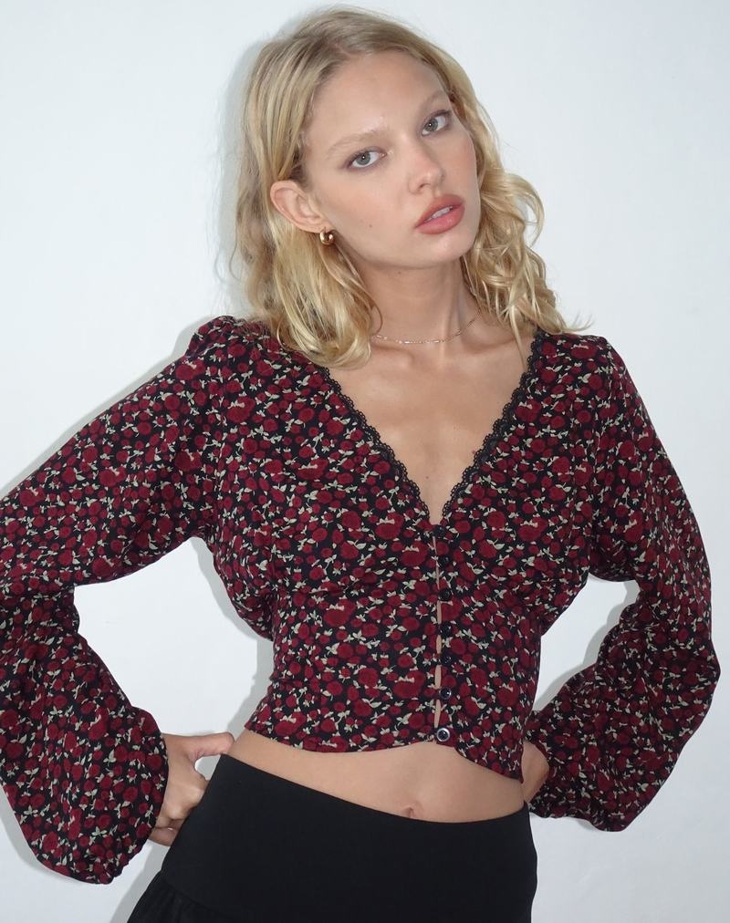 Motel Rocks Rosani Long Sleeve Women's Blouse Dark Red Black | XOT8859PM