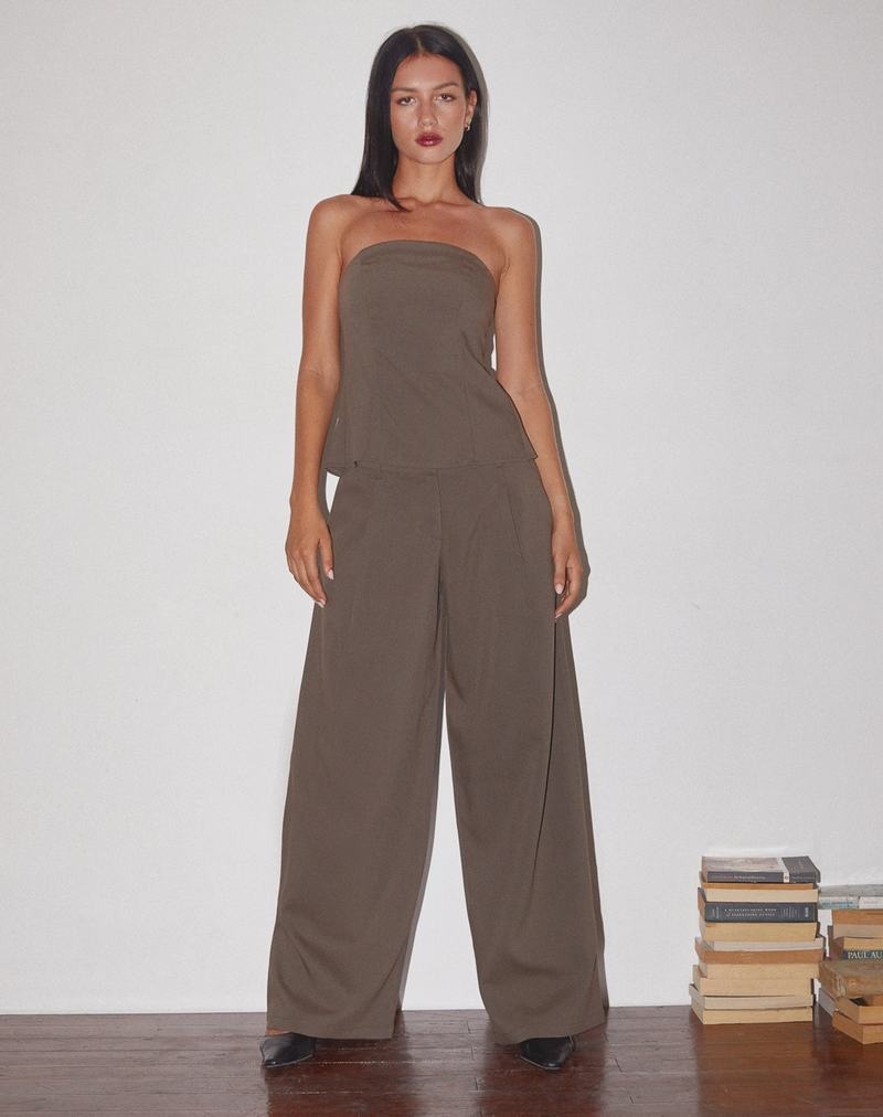 Motel Rocks Salisu Wide Leg Women\'s Trousers Grey Brown | ZEM4941ZR