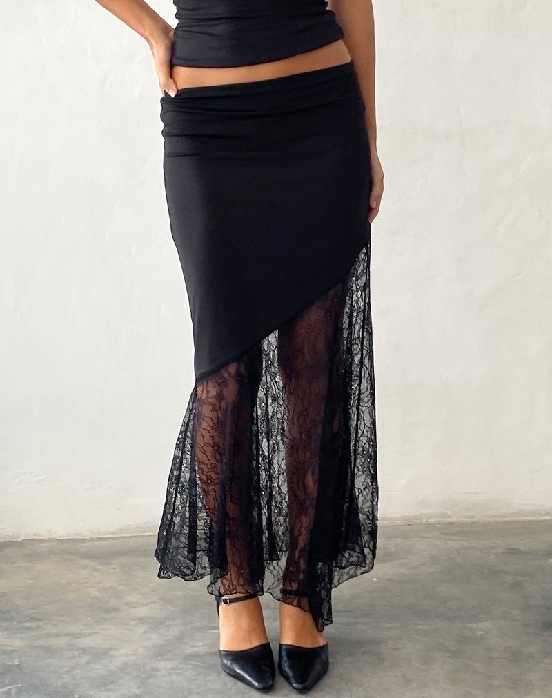 Motel Rocks Seraphina Asymmetric Lace Hem Maxi Women's Skirts Black | UYV5759NM