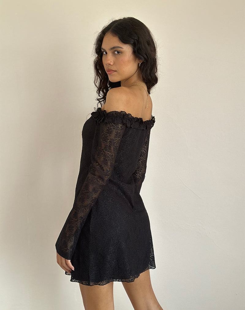 Motel Rocks Severine Bardot Lace Women's Mini Dress Black | YAQ8130DI