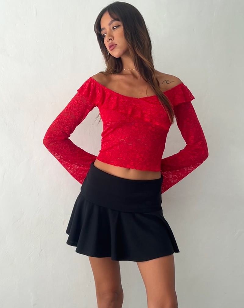 Motel Rocks Soka Bardot Frill Women's Cropped Tops Red | AYG9890OQ