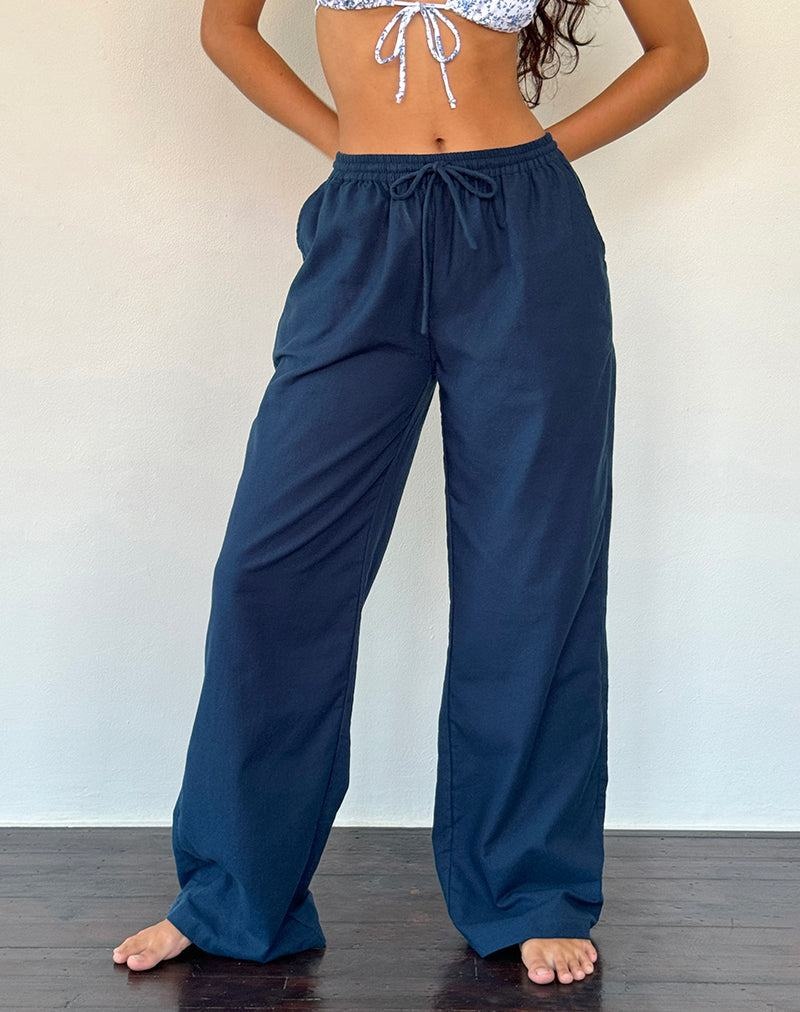 Motel Rocks Wasic Wide Leg Linen Women's Trousers Navy | YDM6932HP