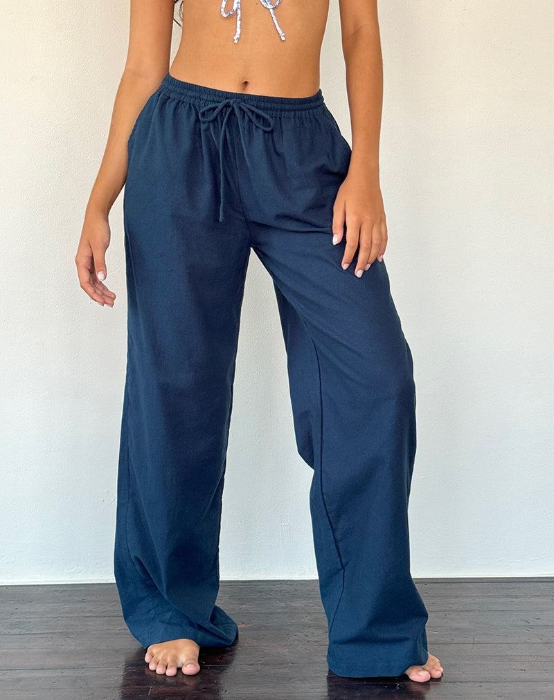 Motel Rocks Wasic Wide Leg Linen Women's Trousers Navy | YDM6932HP