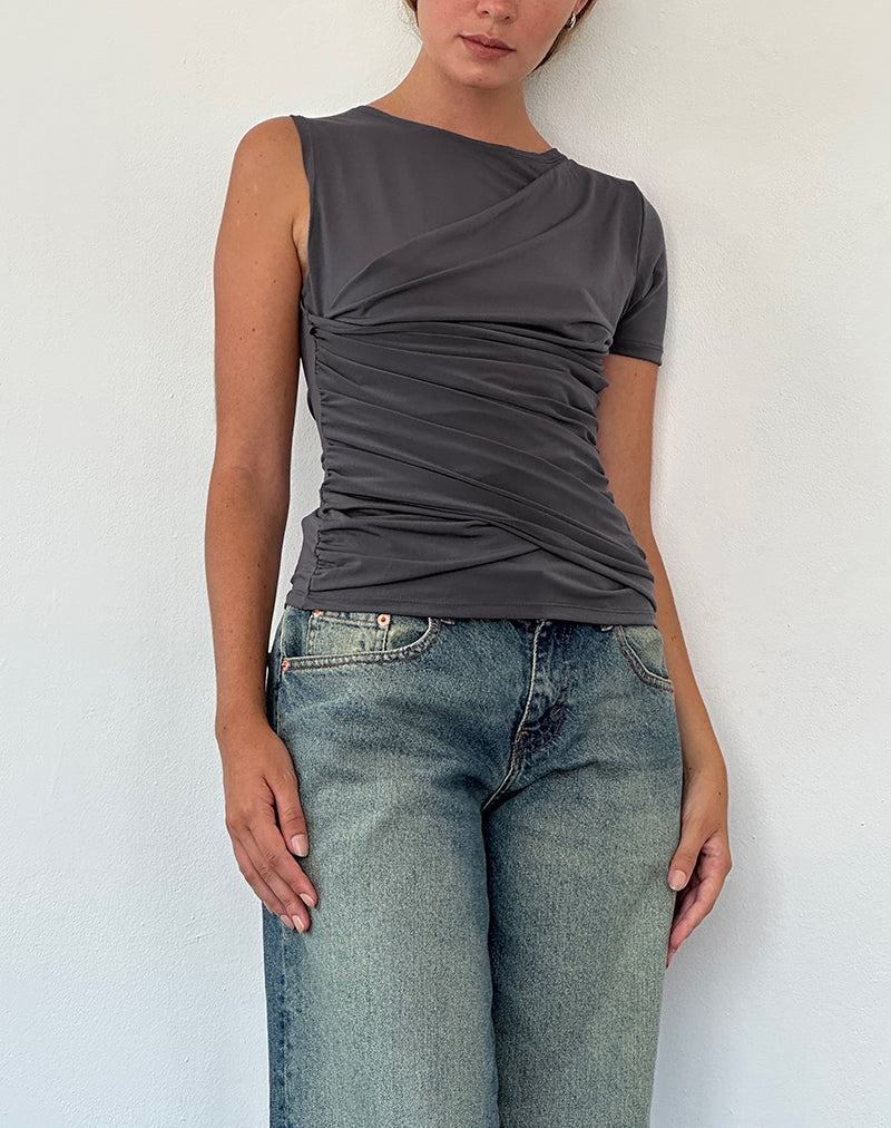 Motel Rocks Zera Asymmetric Ruched Women's T Shirts Grey | WMZ458LO